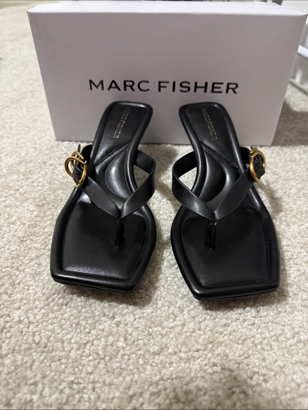 Marc Fisher Black Leather Square-Toe Toe-Loop Sandals with Gold Buckle